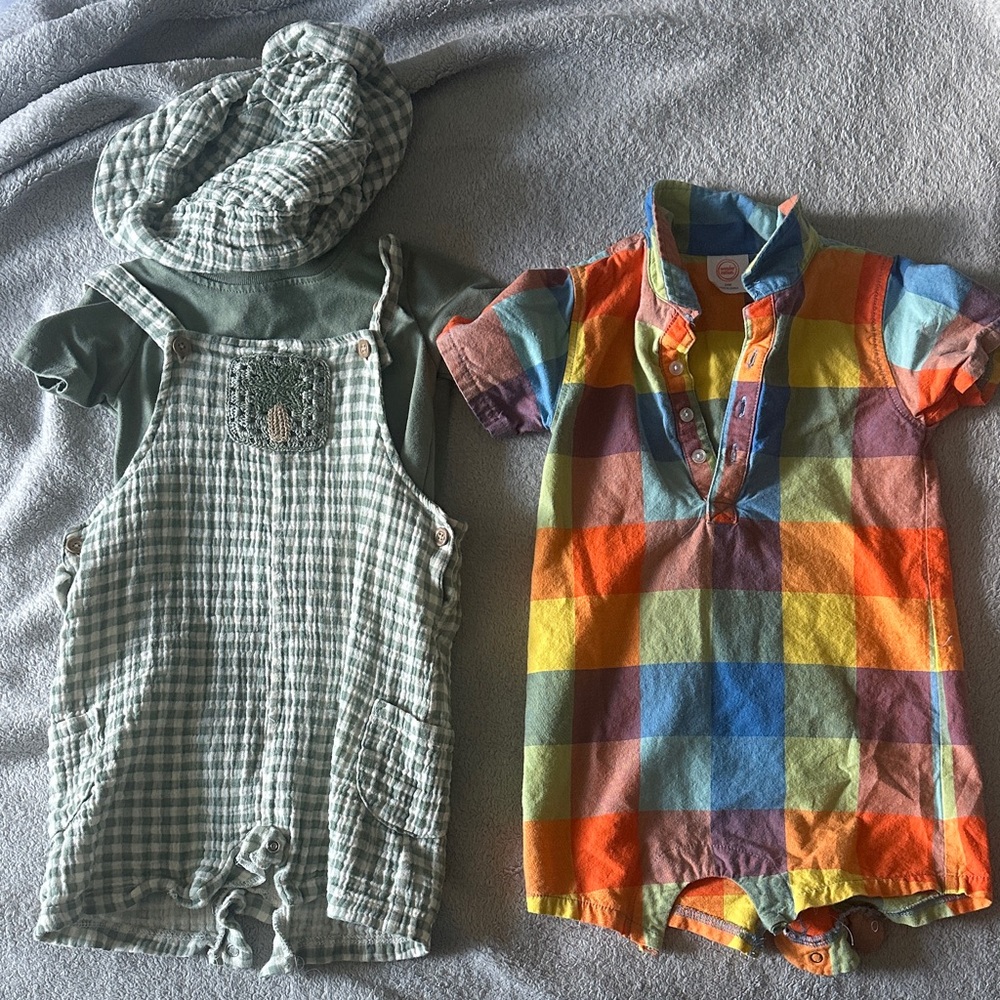 Bundle Green Gingham Baby Overall Romper & Multi-Color Plaid Baby Romper Set